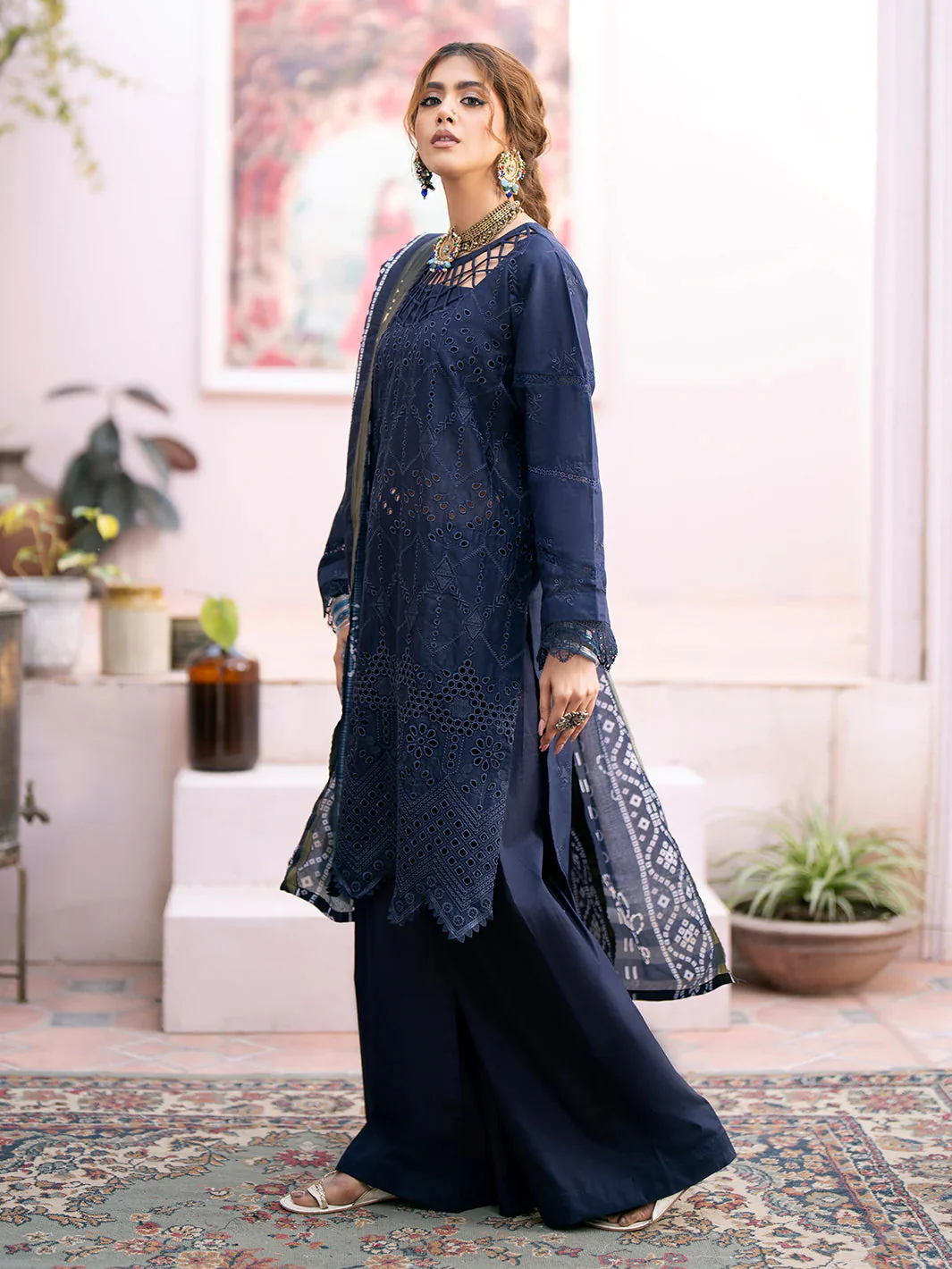 QALAMKAR 3PC Chikankari Dhanak Embroidered With Digital Printed Wool Shawl-118 - Image 3