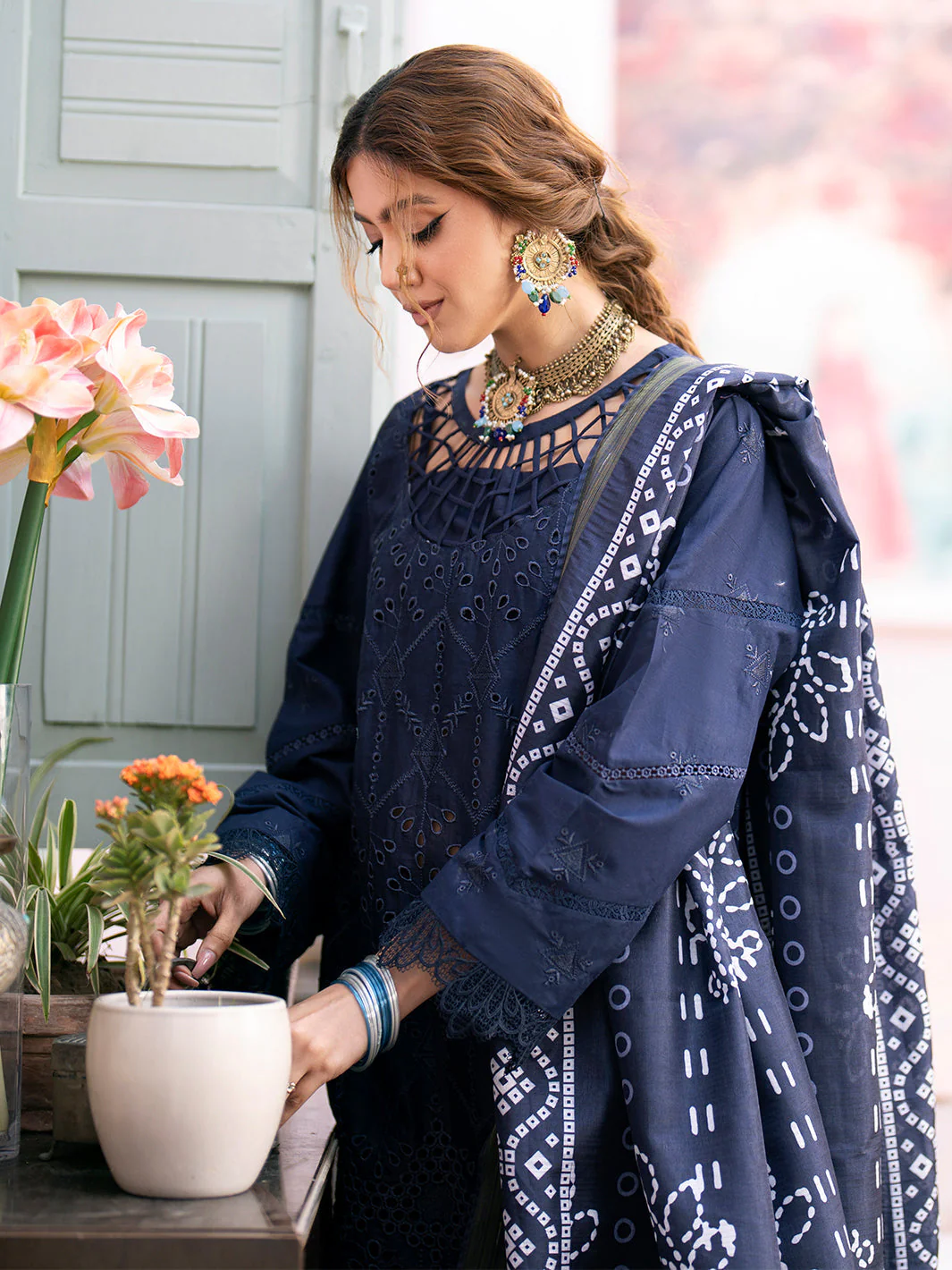 QALAMKAR 3PC Chikankari Dhanak Embroidered With Digital Printed Wool Shawl-118 - Image 6