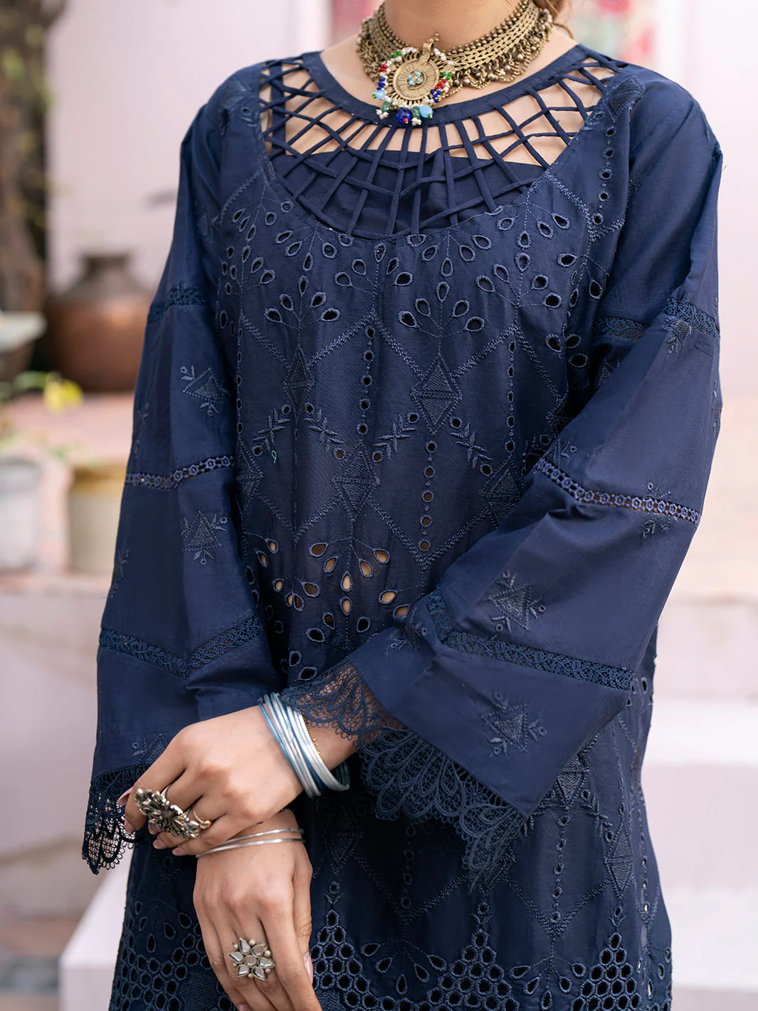 QALAMKAR 3PC Chikankari Dhanak Embroidered With Digital Printed Wool Shawl-118 - Image 8
